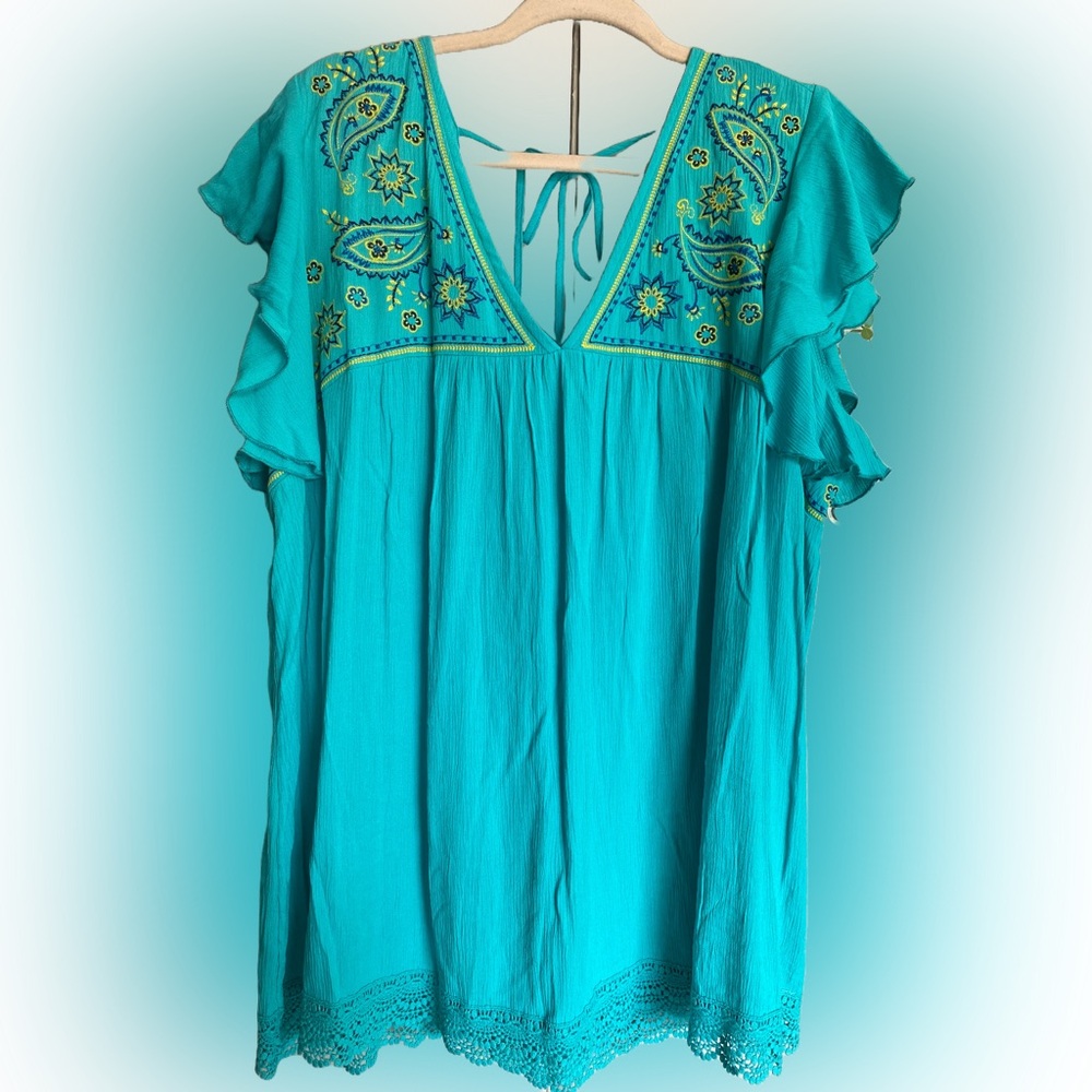 Terra & Sky Turquoise Embroidered Blouse